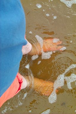 Picture of two feet in the water on a beach