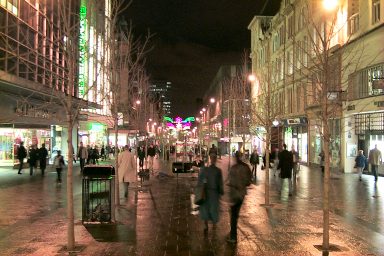Picture of Sauchiehall Street in Glasgow in the evening with christmas lights