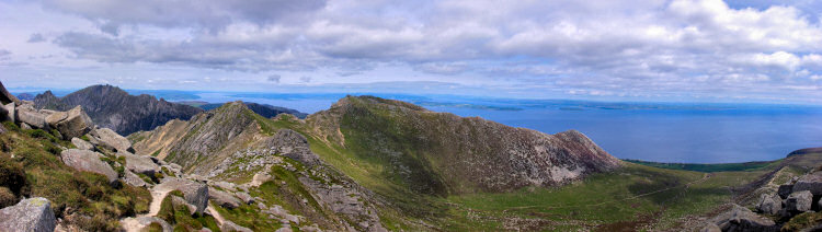 Picture with a panorama of North Goatfell and Mullach Buidhe