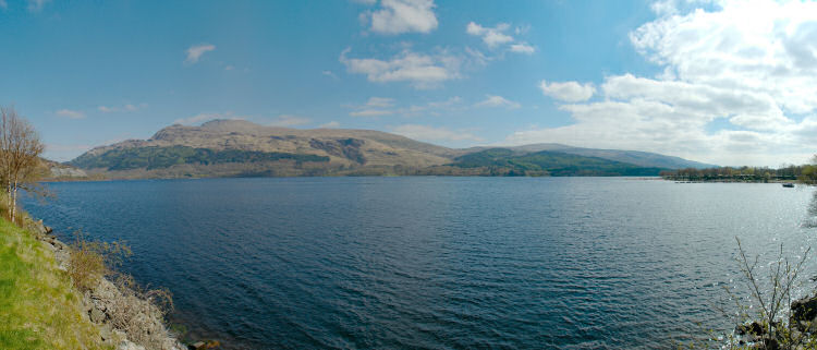 Panoramic picture of a view over Loch Lomond to Ben Lomond