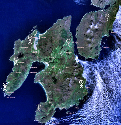 Picture of a view of Islay from space with the walks I participated in marked