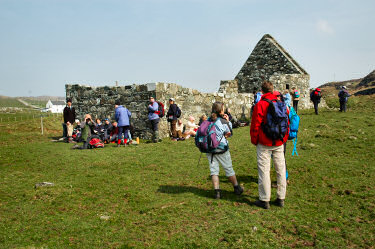 Picture of walkers at the ruin of the chapel at Kilchiaran