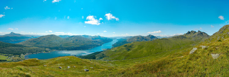 Picture of a panoramic view over a sea loch surrounded by hills