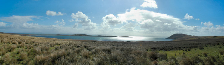 Picture of a view over a bay glistening in the sunlight