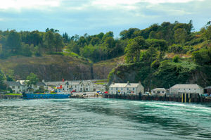 Picture of a small harbour and ferry terminal seen from the departing ferry