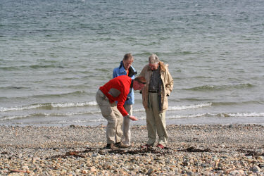 Picture of three people on a pebbled beach (mother and father with their grown up son)