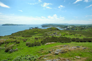 Picture of a view along a coastline with a bay and a distillery, all in brilliant sunshine