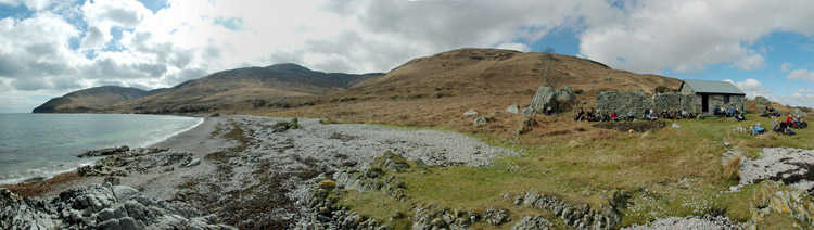 Picture of a panoramic view over An Cladach bothy and the southern shore of the Sound of Islay