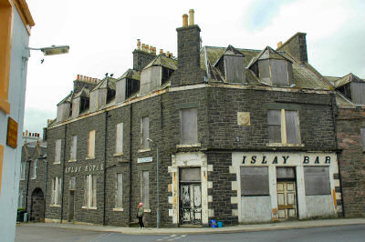 Picture of a derelict hotel, the old Islay Hotel in Port Ellen in 2006