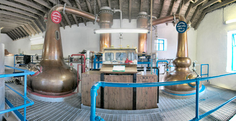 Picture of a panoramic view into the still house of a small farm distillery (Kilchoman distillery on Islay)