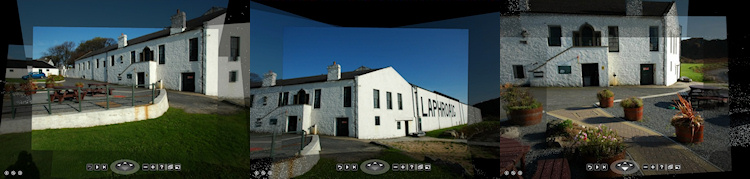 Strip of three pictures of a photosynth of Laphroaig distillery